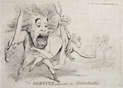 O Monstro vai levar seu almoço de tardes, publicado por Hannah Humphrey em 1790 de James Gillray