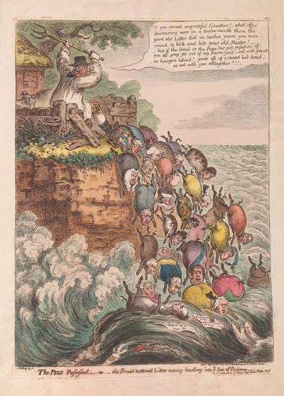 Os Porcos Possuídos: ou a Liteira de fundo largo correndo de cabeça no Mar de Perdição, pub. 1807 (gravura colorida à mão) de James Gillray