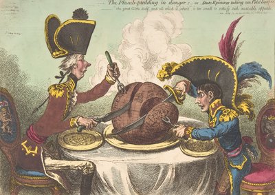 The Plumb-Pudding in Danger,-ou-State Epicures Taking un Petit Souper, Februa..., 26 de fevereiro de 1805. de James Gillray