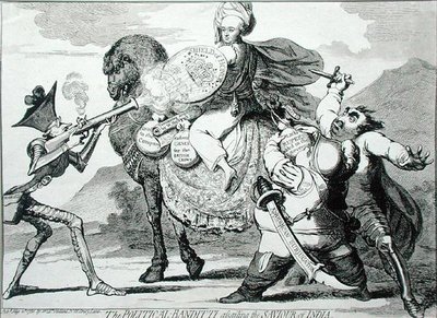 The Political Banditti Assailing the Saviour of India, publicado por W. Holland em 1786 (gravura) de James Gillray