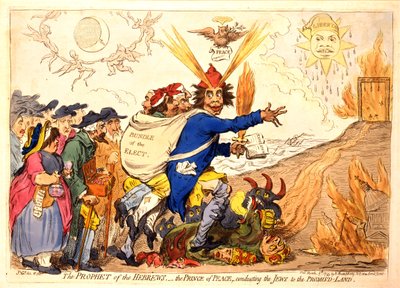 O Profeta dos Hebreus - o Príncipe da Paz conduzindo os judeus à Terra Prometida, pub. Hannah Humphrey, 1795 (gravura colorida à mão) de James Gillray