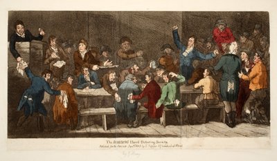 A sociedade de debate do capuz ROBBING, pub S. Tipper, 1 de janeiro de 1809 (gravura colorida à mão) de James Gillray