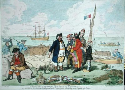 The Real Cause of the Present High Price of Provisions, publicado por Hannah Humphrey em 1795 (gravura colorida à mão) de James Gillray