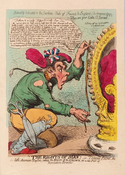 Os direitos do homem, ou Tomm Paine, o Little American Taylor tomando a medida da Coroa para um novo Par de Revolução Breeches, pub. 1791 (gravura colorida à mão) de James Gillray