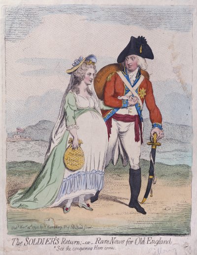 The Soldiers Return, ou Rare News for Old England, publicado por Hannah Humphrey em 1791 (gravura à mão colorida) de James Gillray