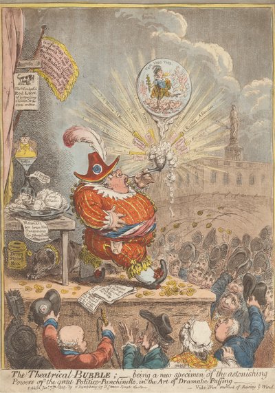 A Bolha Teatral: Ser um Novo Espécime dos Espantosos Poderes da Grande Politico-Punchinello, na arte do Puffing Dramático de James Gillray