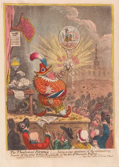A Bolha Teatral: sendo um novo exemplar dos espantosos Poderes do grande Politico-Punchinello na Arte do Dramático Puffing, pub. 1805 (gravura colorida à mão) de James Gillray