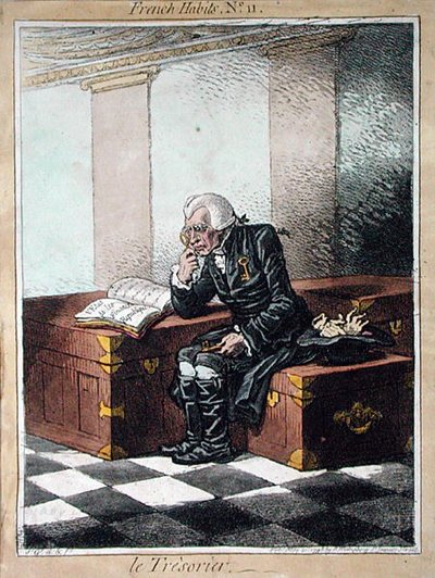 O Tesoureiro, placa 11 de "Hábitos Franceses" publicada por Hannah Humphrey em 1798 (gravura colorida) de James Gillray