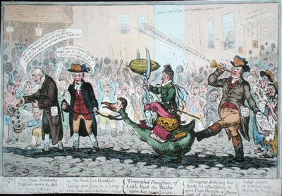 A procissão triunfal do Pequeno Paulo o Taylor sobre o seu novo ganso, publicado em 1806 (gravura colorida à mão) de James Gillray