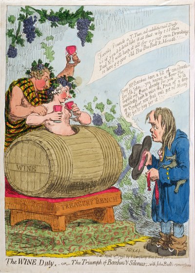 O Dever do Vinho, ou O Triunfo de Baco e Sileno com a Remtonstrance de John Bull, publicado por Hannah Humphrey em 1796 (gravura à mão colorida) de James Gillray