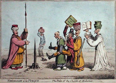 Theologie a la Turque, The Pale of the Church Mahomet, publicado por Hannah Humphrey em 1799 (gravura colorida à mão) de James Gillray