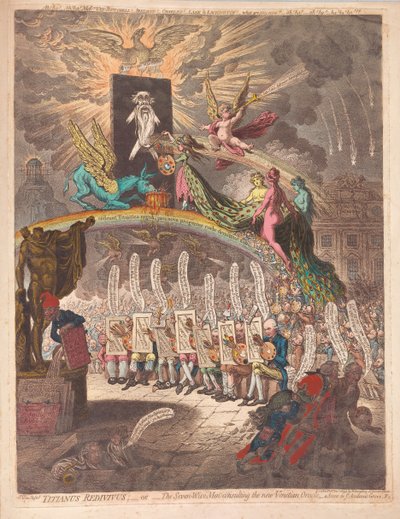 Titianus Redivivus ou os Sete Sábios, consultando o novo Oráculo de Veneza, uma cena em Academic Grove No.1, pub. 1797 (gravura colorida à mão) de James Gillray