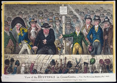 Vista do Hustings em Covent Garden, publicado por Hannah Humphrey em 1806 (gravura à mão colorida com aquatint) de James Gillray