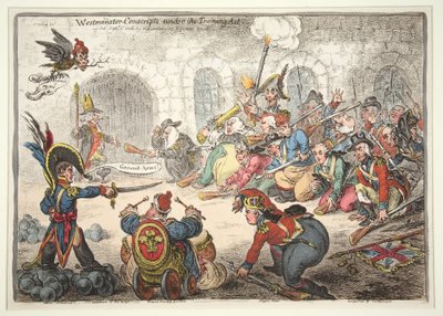Westminster-conscritos sob o ato do treinamento, 1806 (gravura colorida mão) de James Gillray