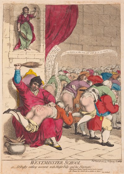 Escola de Westminster ou Dr Busby, estabelecendo contas com o Mestre Billy e seus companheiros de brincadeira, pub. 1785 (gravura colorida à mão) de James Gillray