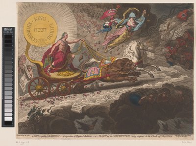 William Pitt verdijft de duistere krachten, 1795 Luz Expelindo escuridão, - evaporação de exalações estígias, - ou - O sol da constituição, subindo acima das nuvens de oposição (título no objeto) de James Gillray