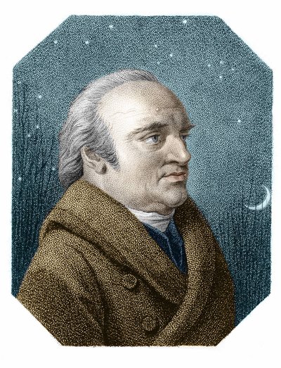Retrato de William Herschel (1738 - 1822) sobre um fundo de céu estrelado - de uma gravura de cobre de James Godby de James Godby