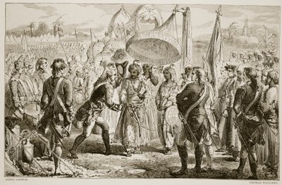 A reunião de Lord Clive com Meer Jaffier, após a Batalha de Plassey, gravada por Thomas Williams de James Godwin