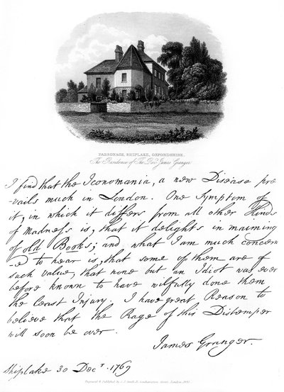 Uma carta do reverendo James Granger e uma vista de sua residência em Shiplake, 1769, 1840 de James Granger