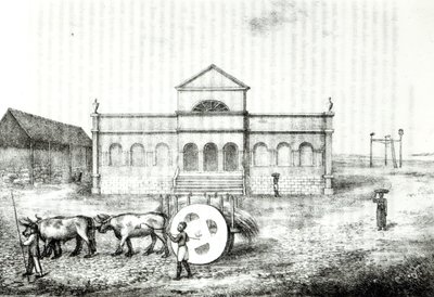 O Rio Exchange, um Trapiche Público, um Wagon Grass and the Gallows, ilustração de "Uma História do Brasil", de James Henderson, publicado em Londres em 1821 de James Henderson