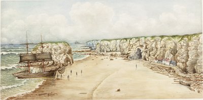 Brig encalhado em Marsden Rock (aquarela, bodycolour e lápis no papel no cartão)) de James Henry Cleet