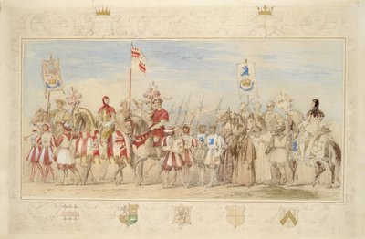 William Earl de Craven, Cavaleiro do Grifo e Henry de la Poer Beresford, marquês de Waterford, Cavaleiro do Dragão, 1839 (lápis, wc, guache e tinta dourada sobre papel) (ver também 366230) de James Henry Nixon