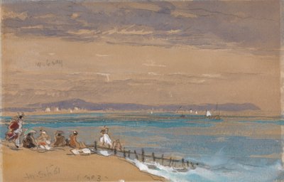 Cena de praia com figuras por um quebra-mar de James Holland