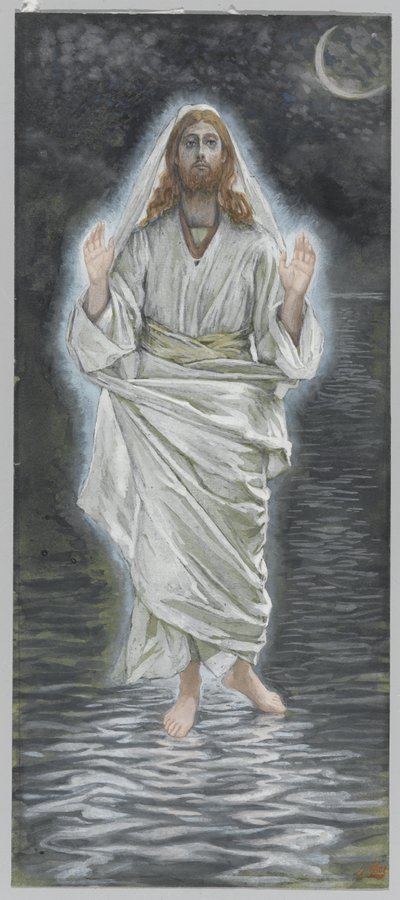 Jesus caminha sobre o mar, ilustração da vida de nosso Senhor Jesus Cristo (wc sobre grafite no papel) de James Jacques Joseph Tissot