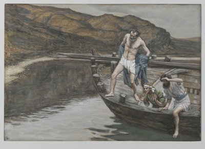 São Pedro Alertado por São João à Presença do Senhor Se entrega à água, ilustração da Vida de Nosso Senhor Jesus Cristo, 1886-94 (wc sobre grafite sobre papel) de James Jacques Joseph Tissot