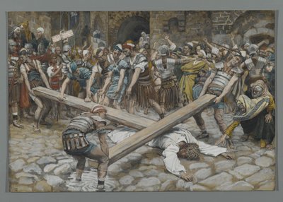 Simão o Cirineu Compelido a Levar a Cruz com Jesus, ilustração da Vida de Nosso Senhor Jesus Cristo, 1886-94 (wc sobre grafite sobre papel) de James Jacques Joseph Tissot