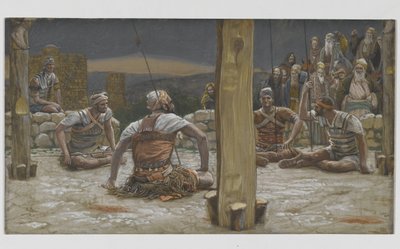 Os quatro guardas sentaram-se e assistiram-no, ilustração da vida de nosso senhor Jesus Cristo, 1886-94 (wc sobre o grafite no papel) de James Jacques Joseph Tissot