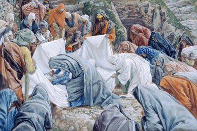 A Santíssima Virgem Beija o Rosto de Cristo antes de ser Enrolado na Folha de Enrolamento, ilustração para A Vida de Cristo, c.1886-94 (wc e guache sobre papelão) de James Jacques Joseph Tissot