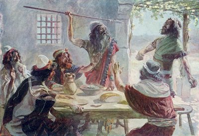 Saul lança um dardo em Jônatas - Bíblia de James Jacques Joseph after Tissot