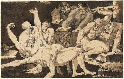 Figuras masculinas nuas carregando os corpos de seus companheiros mortos de James Jefferys
