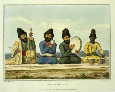 Músicos persas, de &39;Viagem pela Pérsia, Armênia e Ásia Menor, a Constantinopla, nos anos 1808 e 1809&39;, gravada por T. Fielding, publicada em 1816 de James Justinian Morier