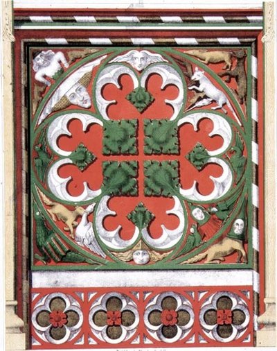 Detalhes de uma tela pintada na Igreja Dickleburgh, Norfolk, de "Ornamentos Góticos", gravada por J.R Jobbins de James Kellaway (after) Colling