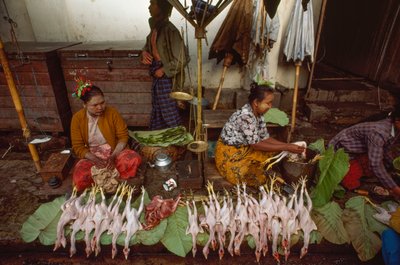 Vendedores de alimentos com rostos decorados com thanaka, casca de árvore em pó. Taunggyi, Birmânia. de James L Stanfield