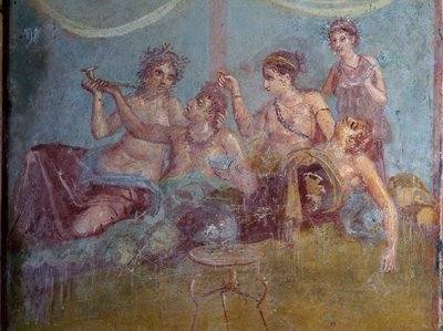Fresco da classe alta romana em luxo a gozar a vida, descoberto em Pompeia. Pompeia, Itália. de James L Stanfield