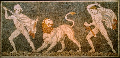 Mosaico representando Alexandre o Grande e Heféstion a matar um leão. Arqueologia de Pela... de James L Stanfield