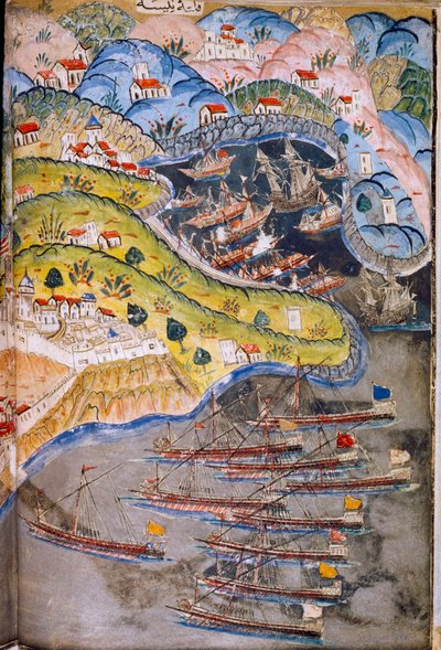 Piratas atacam Nice, França, detida pelo Império Romano, em 1543. Museu Topkapi, Istambul, Turquia. de James L Stanfield
