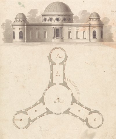 Estado inicial, com revisões, do Desenho 23, Placa 25 de Uma Colecção de Desenhos para Retiros Rurais de James Malton
