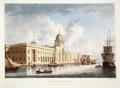 A alfândega, Dublin, 1792 (gravura colorida à mão) de James Malton