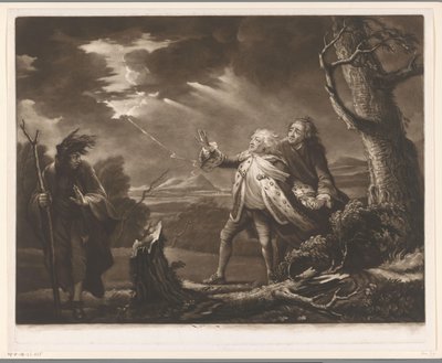David Garrick como Rei Lear com o Conde de Kent e Edgar disfarçado de Tom em uma paisagem tempestuosa de James McArdell