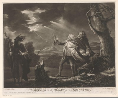 David Garrick como Rei Lear com o Conde de Kent e Edgar disfarçado de Tom, numa paisagem tempestuosa
Sr. Garrick no Carácter do Rei Lear (título sobre o objecto) de James McArdell