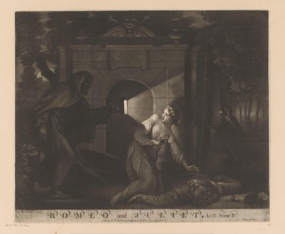 Julieta ajoelha-se junto ao corpo de Romeu e observa um monge com uma lanterna
Romeu e Julieta, Acto V. Cena IV. (título sobre o objecto) de James McArdell