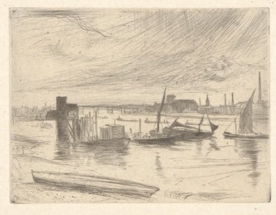 Battersea Dawn (Cadogan Pier), do Thames Set (uma série de dezesseis gravuras de cenas no Tamisa e outros assuntos) de James Abbott McNeill Whistler