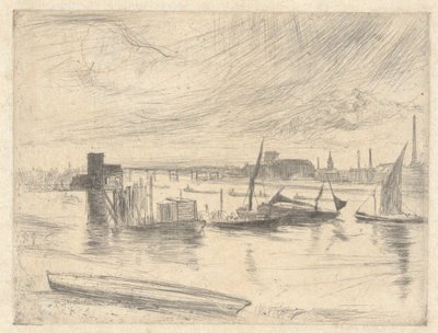 Amanhecer em Battersea (cais de Cadogan), da série do Tamisa (uma série de dezasseis águas-fortes de cenas no Tamisa e outros temas) de James McNeill Whistler
