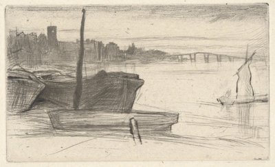 Chelsea Bridge e igreja, da série do Tamisa (Uma série de dezasseis águas-fortes de cenas no Tamisa e outros temas) de James McNeill Whistler