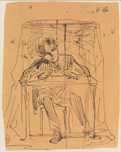 Mann am Tisch unter einem Moskitonetz (aus Skizzenbuch) de James McNeill Whistler