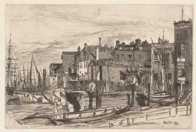 Polícia do Tamisa (Wapping Wharf), do Conjunto do Tamisa (Uma Série de Dezasseis Gravuras de Cenas no Tamisa e Outros Assuntos) de James Abbott McNeill Whistler